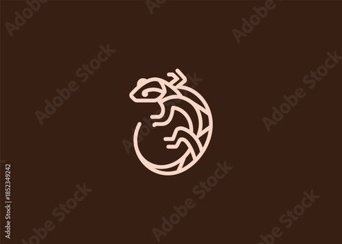 A geometric simple line salamander logo using flowing curved lines and balanced proportions, symbolizing regeneration, flexibility, and natural harmony