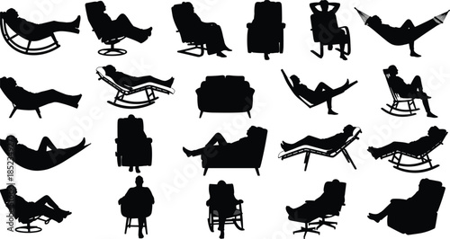 Relaxing people sitting and lying silhouettes vector illustration set showing rest, comfort, leisure chairs, hammock poses, relaxation lifestyle isolated on white background