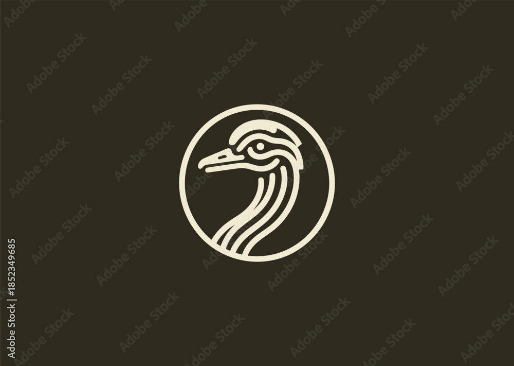 Fototapeta premium A geometric simple line ostrich logo with long neck and minimal angular strokes, expressing speed, height, and elegance through clean linear form