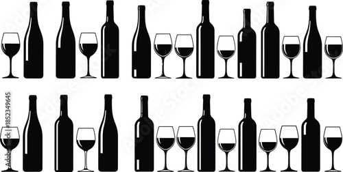 Wine bottles and glasses silhouettes, black vector illustration collection for bar, restaurant, winery branding, menu design, beverage alcohol concept, modern minimal style