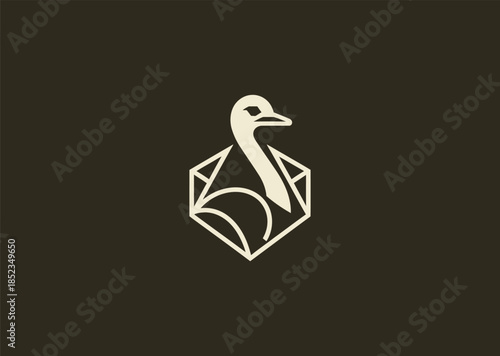 A geometric simple line ostrich logo with long neck and minimal angular strokes, expressing speed, height, and elegance through clean linear form