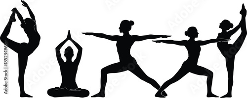 Women practicing yoga silhouettes vector illustration set, graceful female poses for fitness, meditation, balance, flexibility and healthy lifestyle wellness concept on white background
