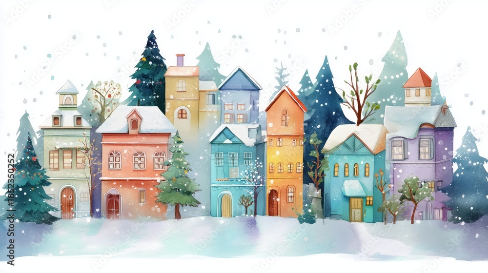 Fototapeta premium A colorful winter village scene with snow-covered houses surrounded by pine trees, evoking a cozy holiday atmosphere.