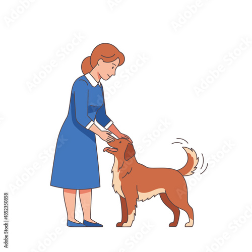 Woman gently petting a golden retriever dog with affection and care