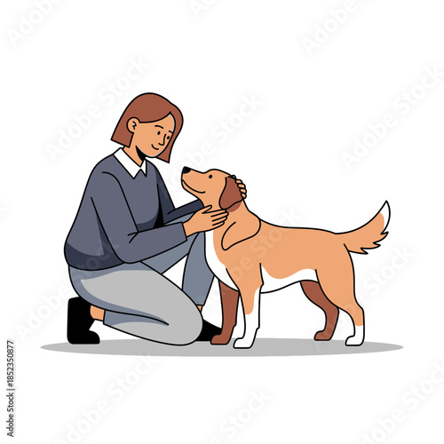A woman lovingly kneels and gently strokes her golden retriever companion