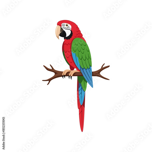 A vibrant red and green macaw perched on a simple brown branch