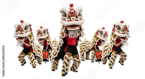 Lion Dance performance featuring multiple vibrant costumes, celebrating culture and tradition, isolated on transparent background