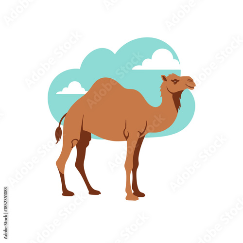 A cartoon depiction of a camel standing beneath a light blue cloud