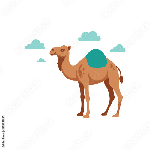 A cartoon camel with a saddle stands beneath fluffy clouds in the sky
