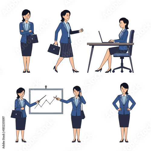 Professional women in business attire depicted in various office scenarios
