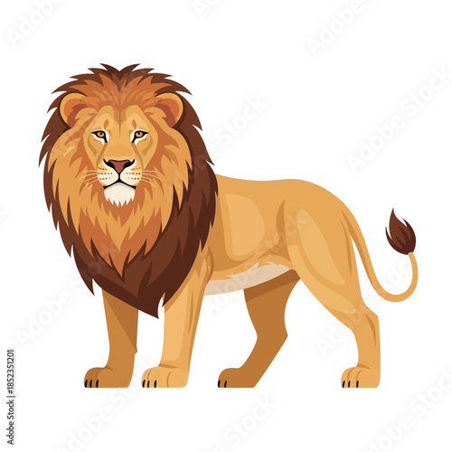 Majestic male lion with a full mane stands in a powerful pose