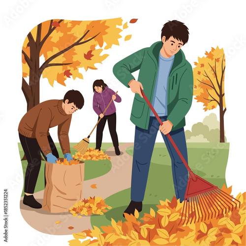 People raking fallen autumn leaves in a park during the fall season