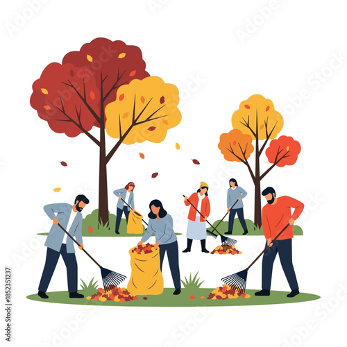 People raking autumn leaves under colorful trees in a park setting