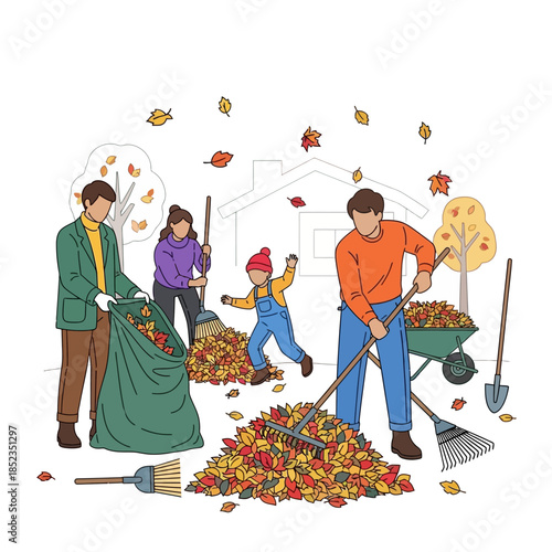 Family enjoying autumn chores together raking leaves and filling bags outside