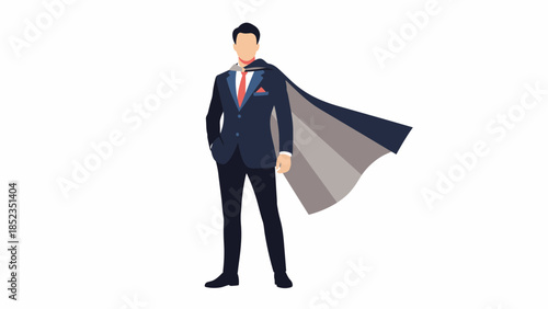 Professional superhero businessman wearing cape posing.