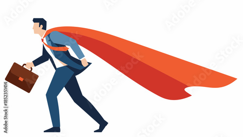 Professional superhero businessman running with red cape.
