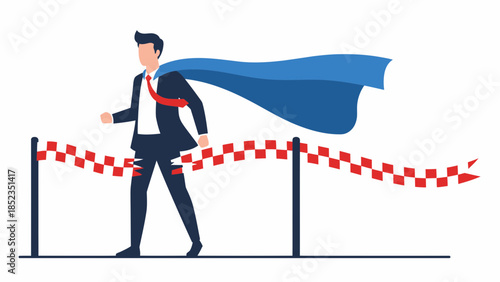 Superhero Businessman Crossing Finish Line Victory.