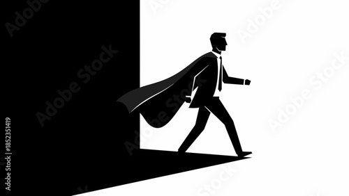 Silhouette of Man in Cape Sprinting Forward Like Superhero.