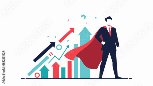 Business superhero figure standing confidently in suit cape.