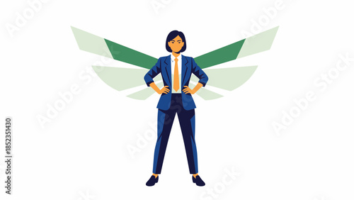 Winged Businessperson in Blue Suit Stands Confidently.
