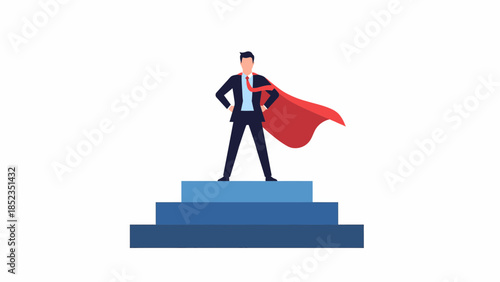 Superhero Businessman Standing On Stairs Pose.