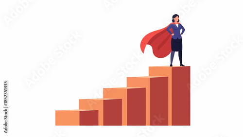 Superhero figure on ascending stairs with red cape.
