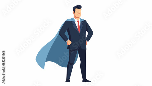 Businessman superhero figure with cape stands confidently.