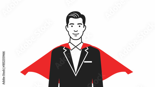Businessman superhero in red cape standing confidently.