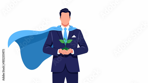 Businessman superhero in cape standing with hands clasped.
