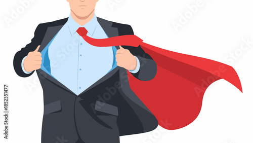 Businessman Superhero In Red Cape Striking Pose.