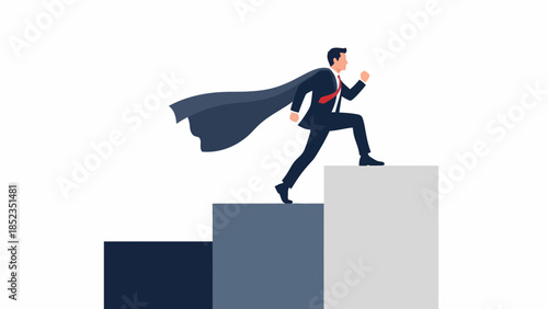 Businessman superhero in cape ascending stairs.