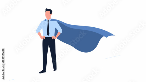Businessman superhero standing with blue cape.