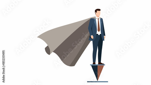 Businessman Superhero Wearing Cape Standing On Pencil.