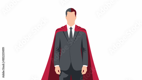 Businessman superhero wearing suit and red cape.