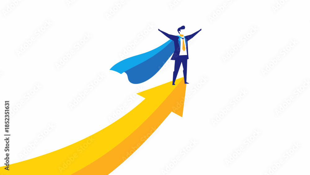 Obraz premium Hero Figure with Cape Standing on Upward Arrow.
