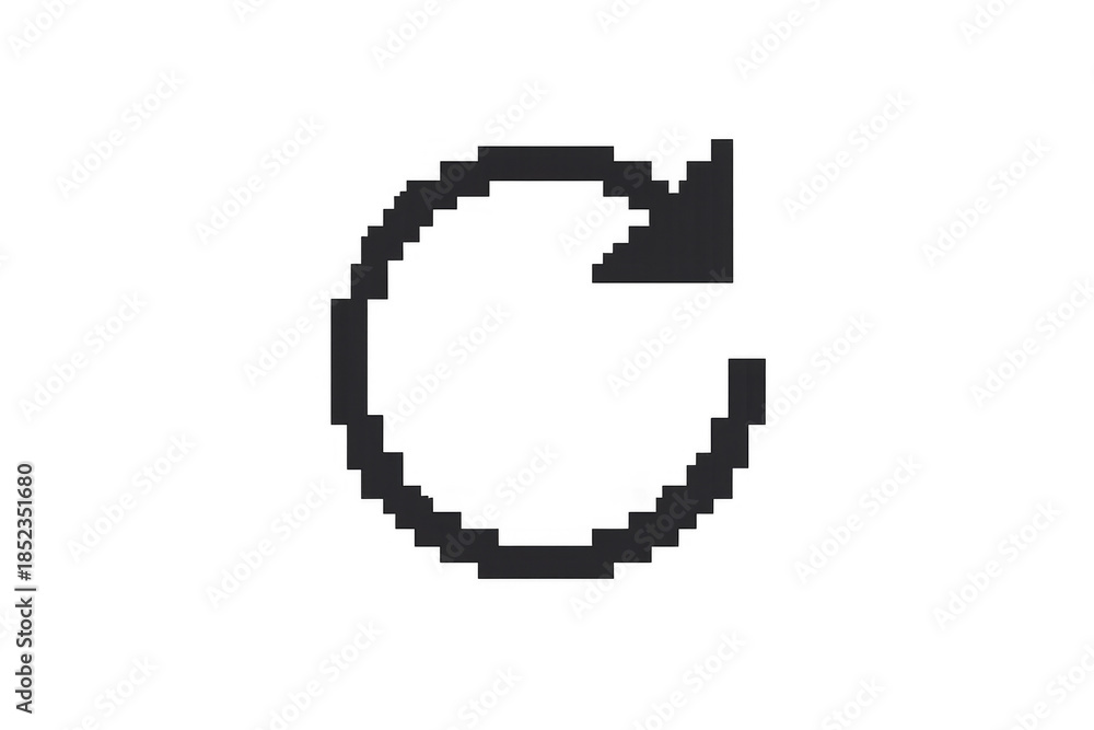 Fototapeta premium Pixelated refresh icon showing a circular arrow for reloading, updating, restarting, or repeating user interface actions