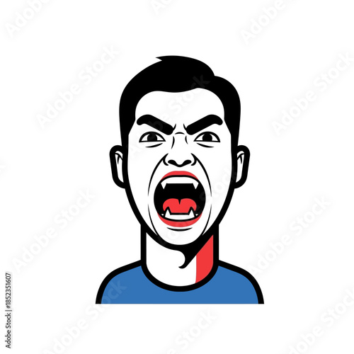 An angry man with an open mouth and details of red and blue color