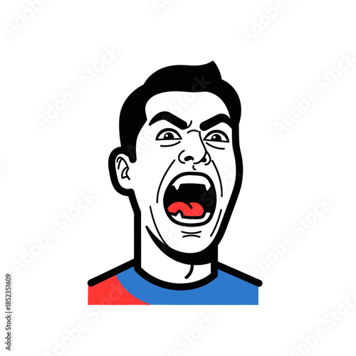 Cartoon face of a man with an open mouth expressing strong emotion
