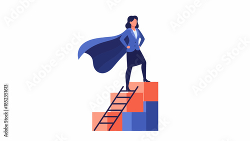 Female superhero standing on steps cape flowing in heroic pose.