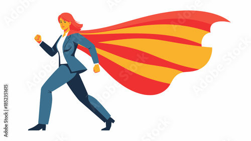 Female superhero in dynamic running pose with cape.