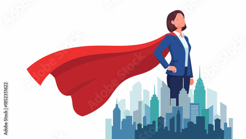 Female superhero with red cape over city skyline.