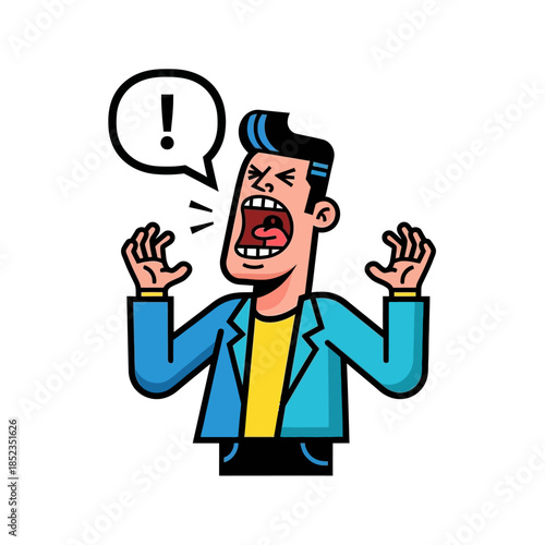Cartoon man shouts in frustration with hands raised expressing strong emotion