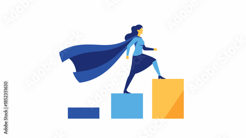 Hero figure with blue cape stepping across colorful blocks.