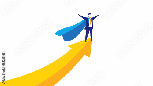 Hero Figure with Cape Standing on Upward Arrow.