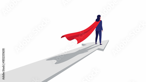 Hero In Red Cape Stands On Narrow Edge.