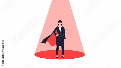 Hero in cape standing confidently under spotlight.