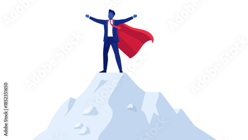 Hero standing on snowy mountain peak with red cape.