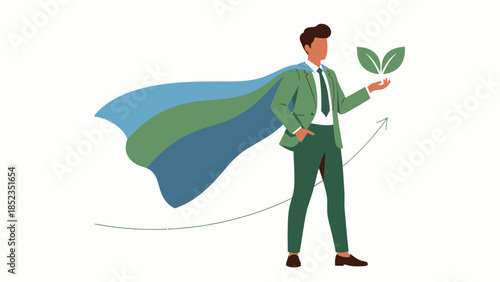 Heroic businessperson in cape presenting seedling.