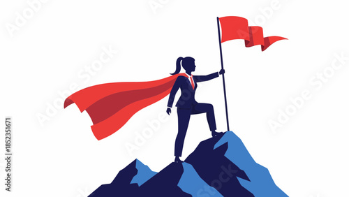Heroic climber standing on mountain peak with flag and cape.