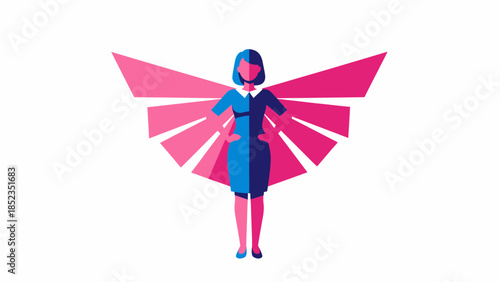 Illustration of female superhero with pink cape wings.